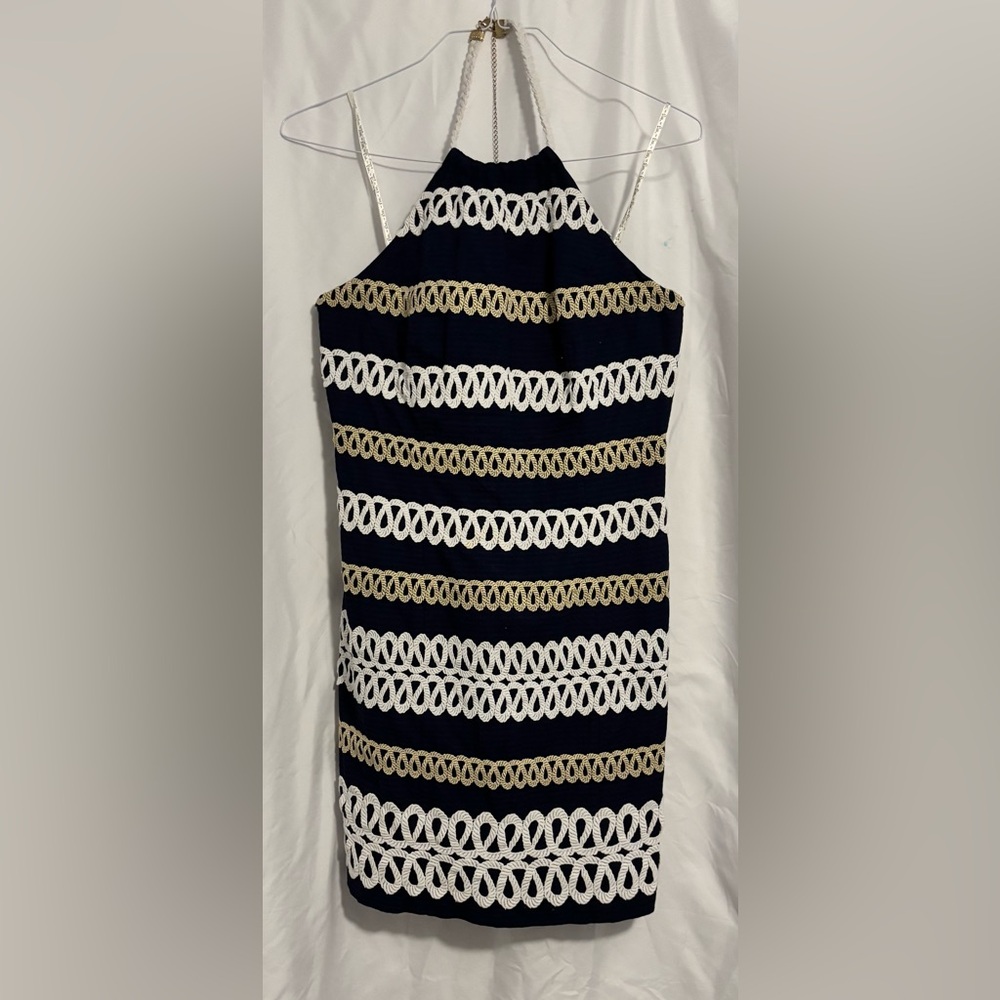 🌊 Lilly Pulitzer Nautical Halter Dress – Size 8 – Navy & Gold Embroidered Rope